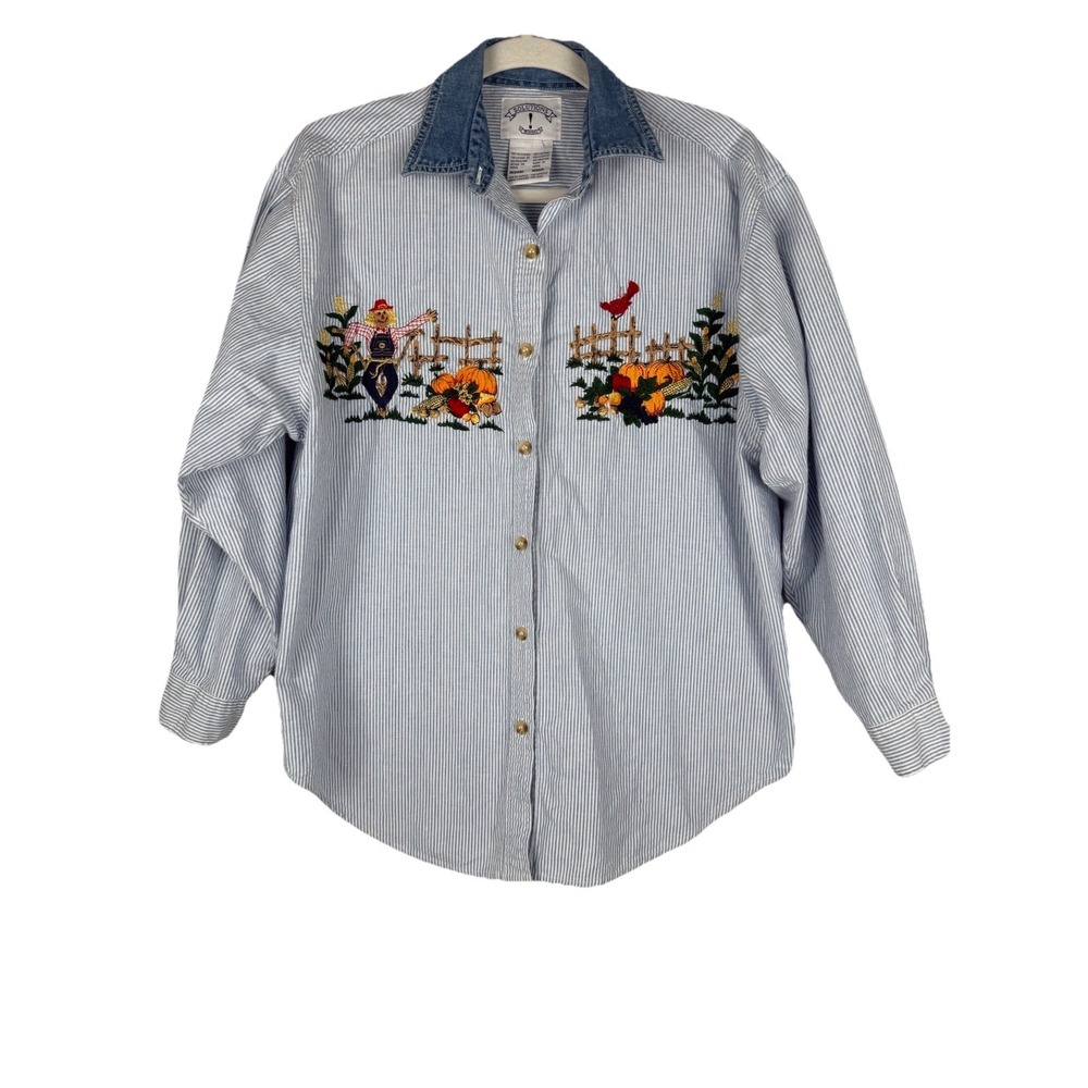 Vtg‎ Solutions Original Striped Embroidered Fall Scarecrow Denim Shirt Women's M